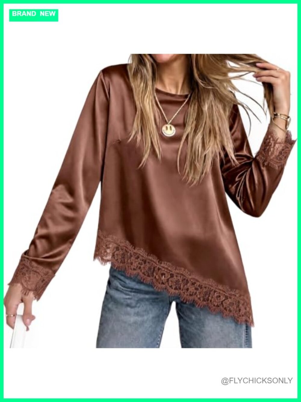 Satin Silk Blouse Long Sleeve Asymmetrical Lace Trim Dressy Casual Top